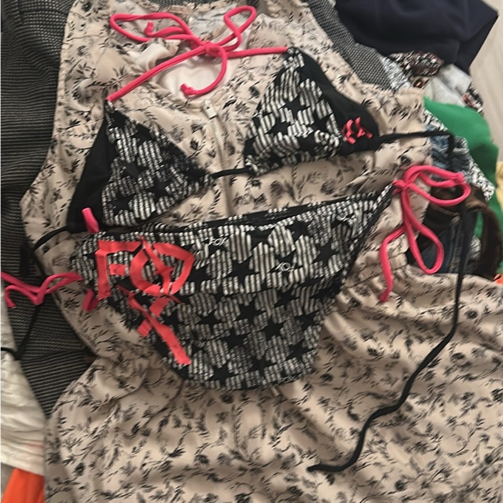 Fox Black and Coral Pink Triangle String Bikini